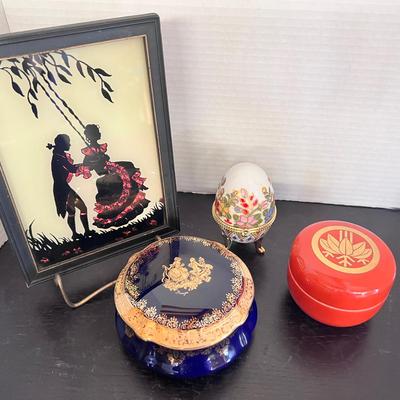 Trinket Box Lot, Cobalt Blue Limoges, Gold/Orange Trinket, Cloisonné Footed Egg, Foil Shadow Art