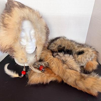 Handmade Animal Fur Raccoon/Fox Stole, Winter Hat Hood w/ Stone Beads