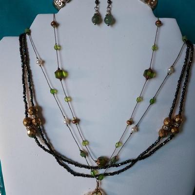 Onyx .925 Earrings Set, 14k Gold Necklace Glass Beads, Wood Necklace 