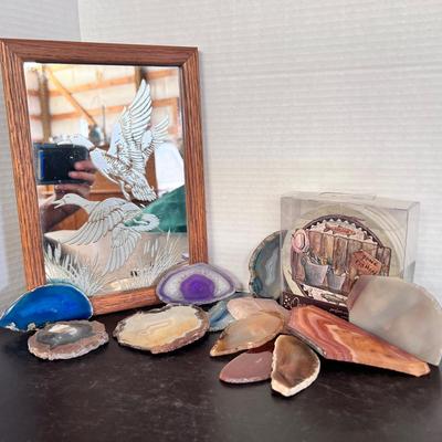 Etch Duck Mirror Framed, Fishing Theme Stone Coasters, Mixed Lot of Slab Rock Pieces