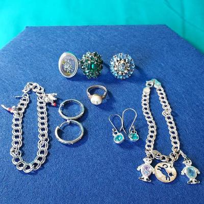 (2) Link Charm Bracelets Italy .925 Wells Sterling, (2) Earrings .925, 4 Rings