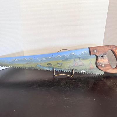 Handpainted Metal Saw Wood Handle Landscape Signed J. Terry