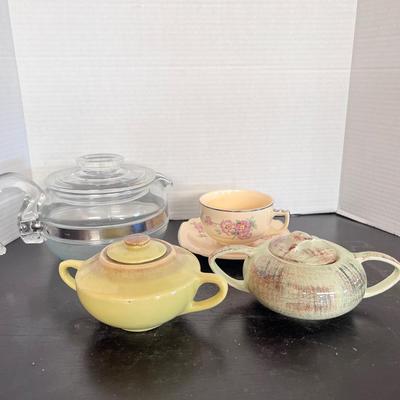 Pyrex Teapot Glass Locking Lid, Raffia USA Creamer, Wells Teacups/Saucers