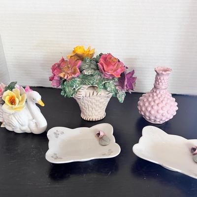 Basket of Sculpted Flowers, Swan, (2) Trinket Trays, Bud Vase