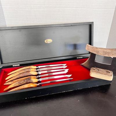 Case Steak Knives Stag Handles Velvet Lined Box, Moose Antler Handheld Blade w/ Block