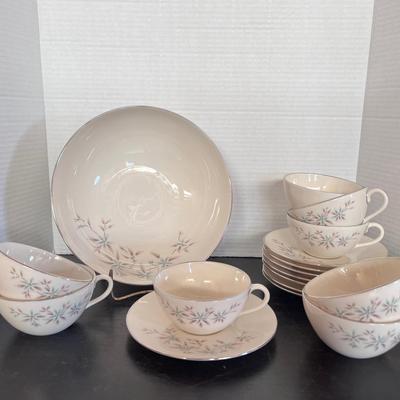 MCM Lenox Wyndcrest Bowl, Cups & Saucers (8) Turquoise Flowers Taupe Leaves A500 Series