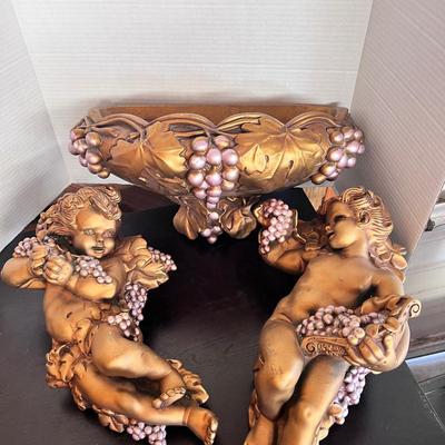 Wall Hangings Lot (3) 1964 Cherubs Angels Planter Grapes 