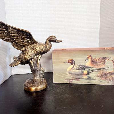 Brass Tone Duck Statue, Handpainted Ducks on Cedar Wood Trinket Box 