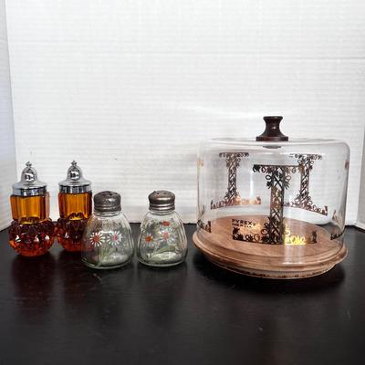 Pyrex Cheese Cloche Wood Base, Handpainted Daisies Glass Shakers, Diamond Point Amber Glass Shakers 