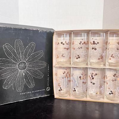 Hostess Glassware By Libbey  Etch Flowers & Leaves Gold Trim (8) Box