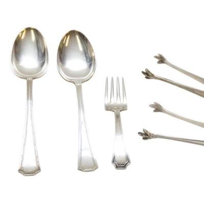 6 PC ANTIQUE STERLING SILVER TABLESPOONS - FORKS -TONGS