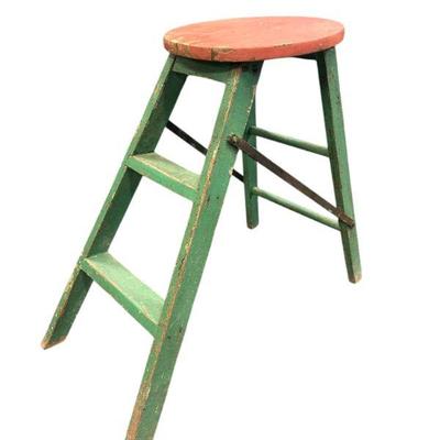 PRIMITIVE FOLDING WOODEN STEP STOOL/LADDER