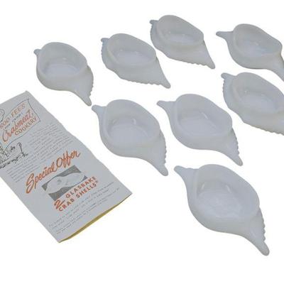 SET OF 8 1950S MILK GLASS DEVILED CRAB BAKING SHELLS BY MCKEE GLASSBAKE