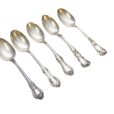 5 ANTIQUE ORNATE STERLING TEASPOONS