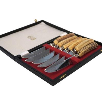 KIRK AND MATZ SHEFFIELD ENGLAND ANTLER HANDLE KNIFE SET - 6 PIECES