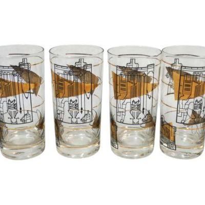 SET OF 7 MID CENTURY HIGHBALL ATOMIC BLACK AND GOLD GLASSES