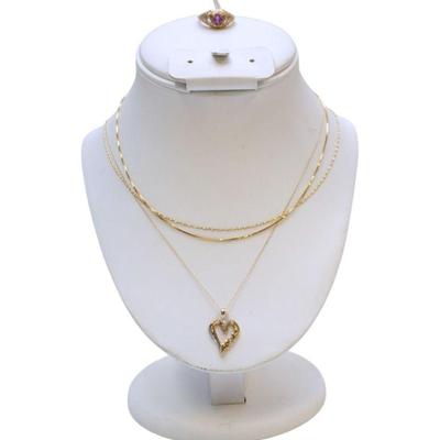 2 14k CHAIN NECKLACES & 1 14k PLATED RING & 1 10k Heart Necklace