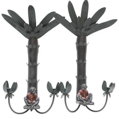 PAIR OF METAL AND CAST IRON TOLE PALM TREE AND MONKEY WALL CANDELABRAS