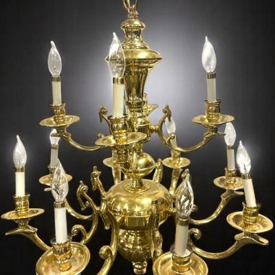 LARGE VINTAGE SOLID BRASS 12 ARM CHANDELIER