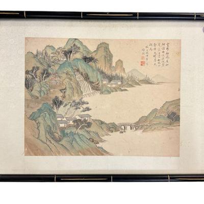 QING DYNASTY LANDSCAPE PAINTING CALLIGRAPHY WITH RED WAX SEAL