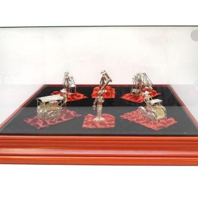 VINTAGE SILVER ASIAN WORKERS IN GLASS DISPLAY CASE