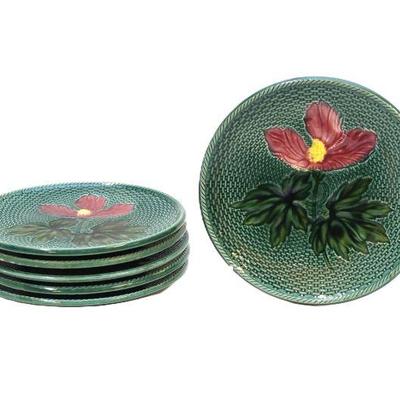 SIX ZELL GERMAN MAJOLICA BASKET WEAVE & HIBISCUS PLATES