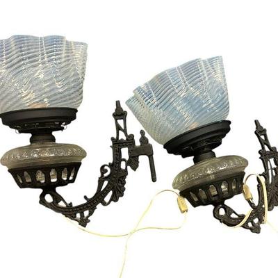PAIR VICTORIAN OIL LAMP SCONCES W OPALESCENT SHADES