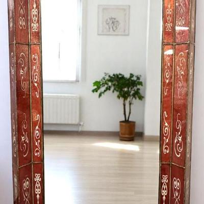 LARGE 76" RASCHELLA RED GLASS REVERSE PAINTED MIRROR