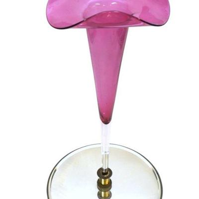 TALL ART DECO BLOWN CRANBERRY GLASS VASE W/ BEVELED MIRRORED BASE