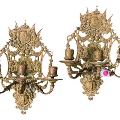 ANTIQUE FRENCH ORNATE GILDED BRONZE CANDLE SCONCES