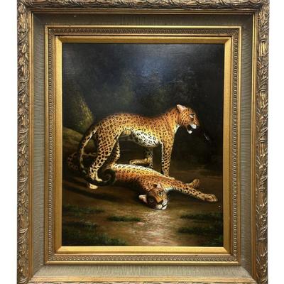 T. E. COWEN (20th c) LARGE CHEETAH PAINTING