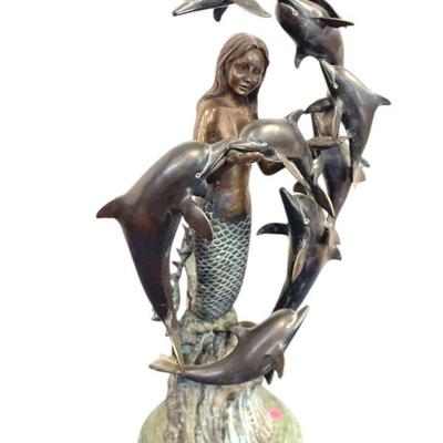 BRONZE MERMAID AND DOLPHINS ON MARBLE BASE 29"
