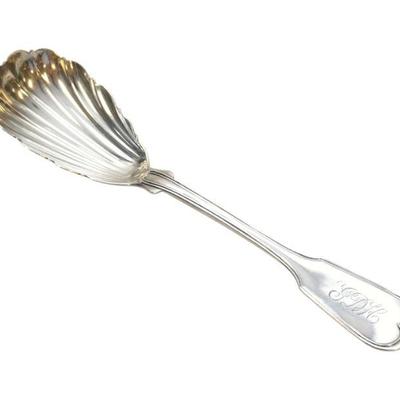 COIN SILVER 19TH C SCALLOPED SERVING SPOON