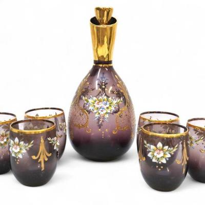 SET AMETHYST BOHEMIAN BLOWN GLASS DECANTER WITH 6 GLASSES