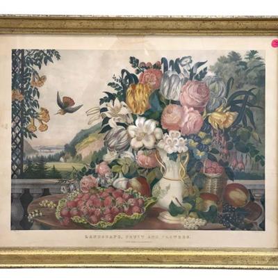 CURRIER & IVES 1862 LANDSCAPE FRUIT & FLOWERS
