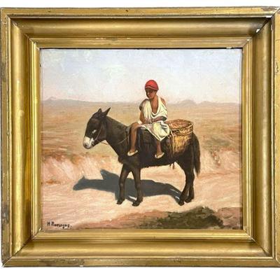 19th c ORIENTALIST BOY ON DONKEY OIL ON BOARD