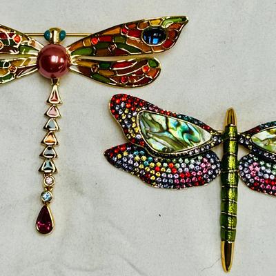 (2) Joan Rivers Stained Glass Dragonfly Brooches