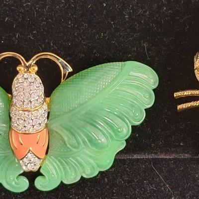 Kenneth Jay Lane KJL Gold Tone Bird Brooch And Faux Jade & Coral Butterfly Brooch 