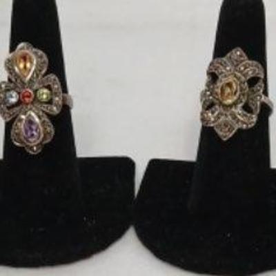 Four Vintage Sterling Marcasite & Gem Stones Rings 