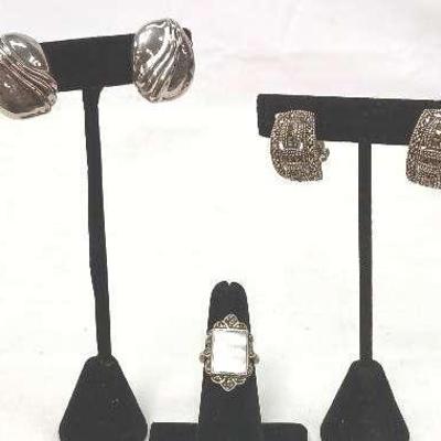 Sterling Silver Vintage Earrings and  a Size 6 MOP and Sterling Ring