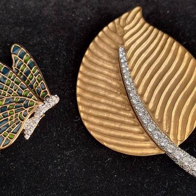 Kenneth Jay Lane's Ribbed Leaf Brooch And Butterfly Brooch 