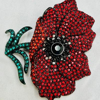 Retired Joan Rivers Red Orange Green Pave Crystal Huge Poppy Brooch MINTs