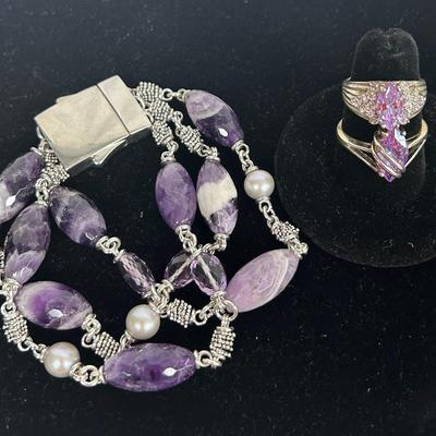 Michael Dawkins Amethyst  Bead  Bracelet  + 2 .925 Lilac  Rings