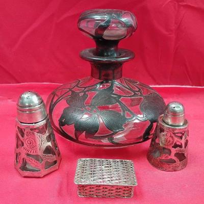 Mexican Sterling Silver And Glass Decanter W/ Shakers And Trinket Chest