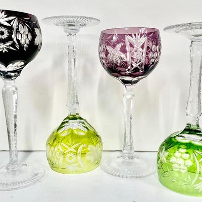 Vintage Lead Crystal Green Purple Wine Goblets