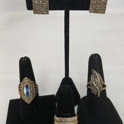 Three Pair Marcasite/ Sterling Rings &, Marcasite Earrings