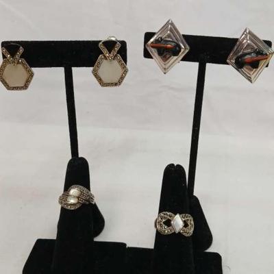 Vintage Sterling Silver Clip Earrings & Marcasite Rings