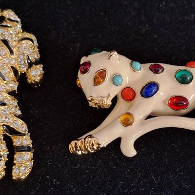 Kenneth Jay Lane's Treasures Of The Duchess Tiger Brooch And Enamel Jeweled Leopard Brooch 