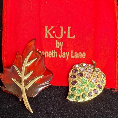2 Vintage KJL Kenneth Jay Lane Leaf Brooches 