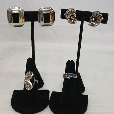 Marcasite/Black Onyx & Sterling Silver Clip Earrings an Rings
